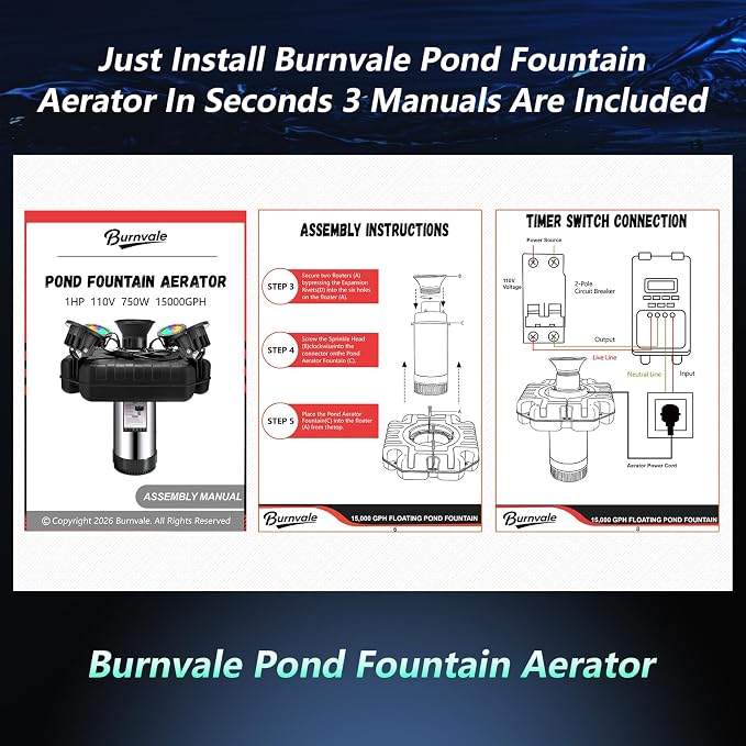 Pond Fountain Aerator, with 4RGB Lights 1HP 110V 750W 15000 GPH Stainless Steel Aerating Fountain Pump, 100 FT Power Cord, Timer, 2 x 100 FT Traction Rope, Powerful Lake Pond Aerator for Larger Ponds