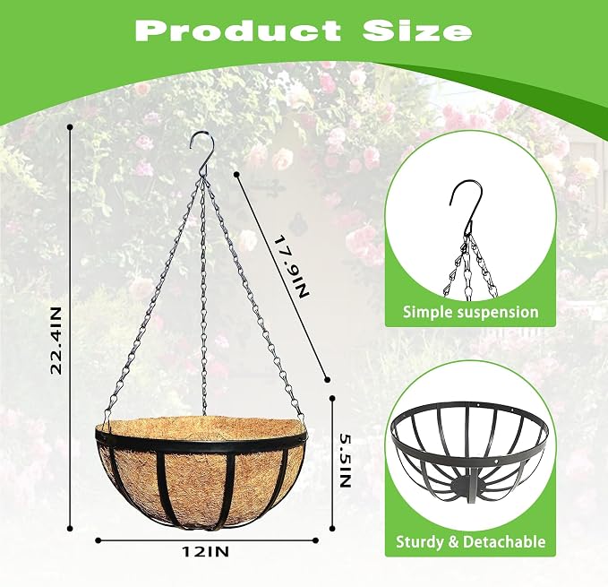 2 Pack 12 Inch Black Metal Hanging Basket Hanging Planter with Coco Coir Liner Heavy Duty Hanging Flower Pot Holder for Indoor Outdoor Patio Garden Porch Balcony Decor (Flat Iron)