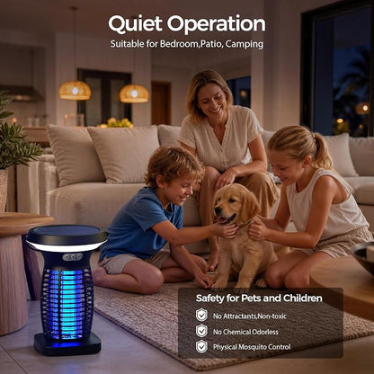 Solar Bug Zapper Outdoor, UV Mosquito and Fly Zapper with Auto Mode, Rechargeable Cordless Electric Insect Trap, Waterproof Bug Light for Patio Backyard Porch Camping