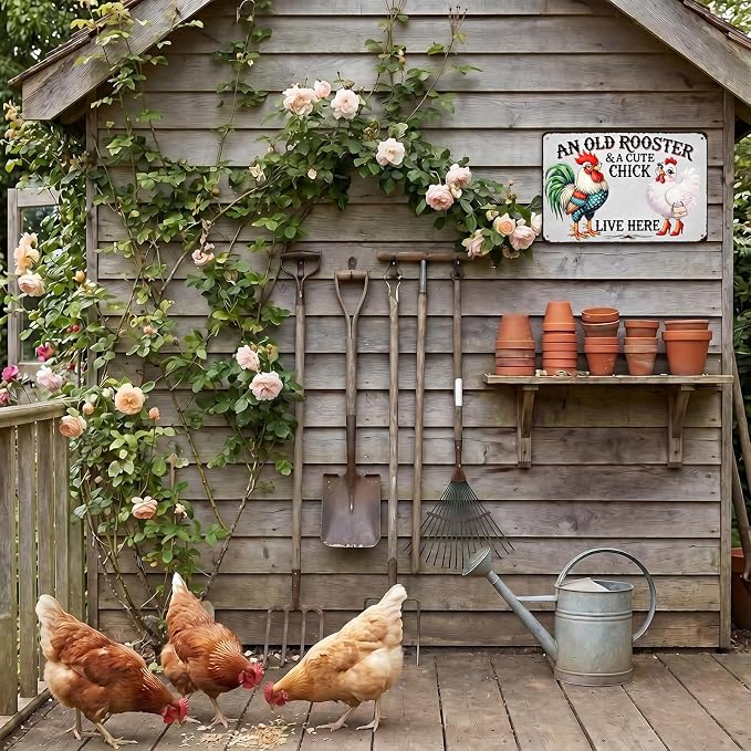 Chicken Lover Gift Idea - Humorous Metal Coop Sign, Farm Animal Tin Art for Home, Kitchen, Garden, 8x12 Inch Vintage Style Decorative Plaque with Holes
