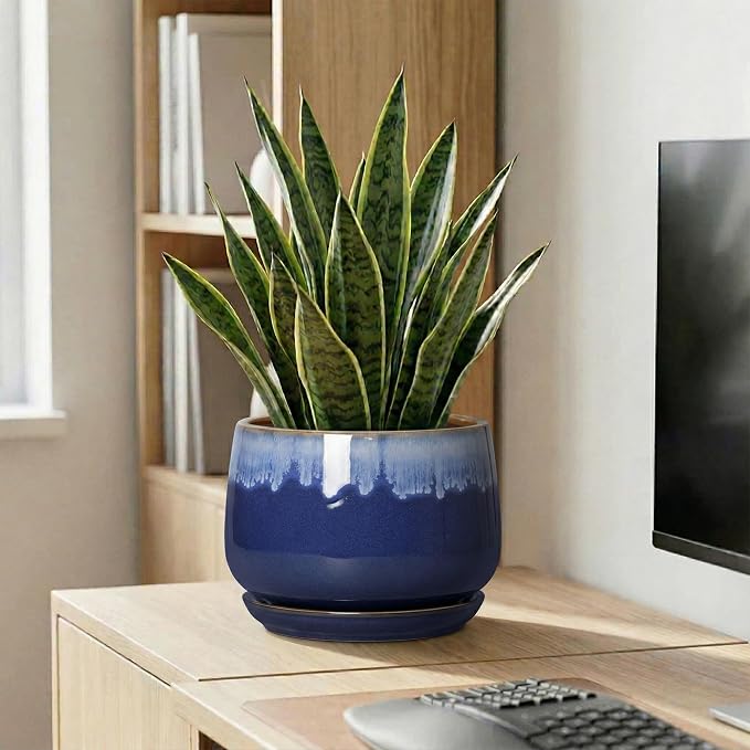 Ceramic Pots for Plants - 9 Inch Indoor Planter with Drainage Hole and Saucer, Decorative Plant Pots for Indoor Plants, Round Ceramic Flower Pot, Home Vanity Decor, Garden Gifts, Deep Blue