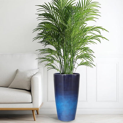22.8" Gradient Blue Resin Tall Outdoor Planters with Drainage Holes | Set of 2 resin tall planters with deep gradient blue finish, drainage plugs, and UV-resistant surface for porch or patio