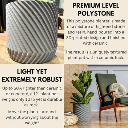 Fox & Fern Large Indoor Planter, Modern Large Plant Pot for Indoor or Outdoor, UV and Frost Resistant - 12 Inch, Matte Gray Flower Pot with Drainage Plug, 3D Printed Design