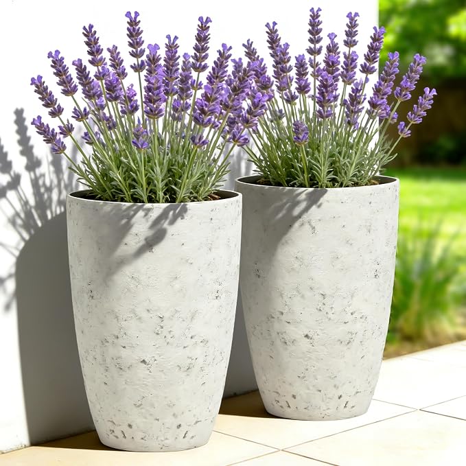 19.5" Tall Resin Planters Set of 2, Faux Birch Bark, White | Resin flower pot, weather and fade resistant, pre-drilled drainage with plugs,Heavy-Duty,indoor outdoor, porch patio garden