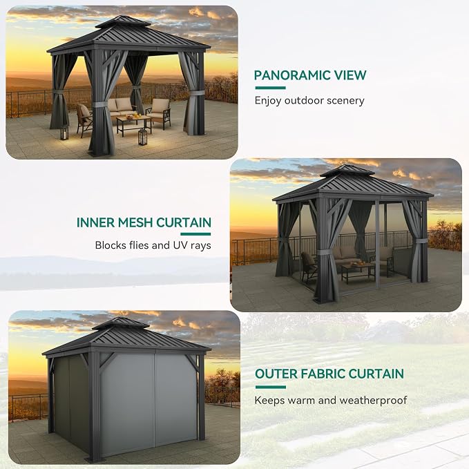 YITAHOME 10x10ft Hardtop Gazebo Outdoor Canopy with Nettings and Curtains | Heavy Duty Double Roof Galvanized Steel Outdoor Combined of Vertical Stripes Roof for Patio, Backyard, Deck, Lawns, Gray