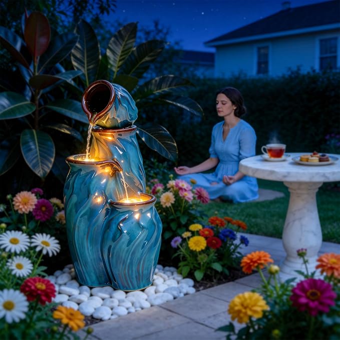 29" Outdoor Water Fountain, Stacked Pots Ceramic Outdoor Fountain | 4-Tier Waterfalls for Garden, Patio, Yard, or Porch Decor, Creating Relaxing Serene Oasis, Dynamic Wave-Texture, Turquoise