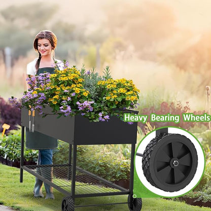 JWPEHOE 51 × 26 × 31.5 Inches Raised Garden Bed with Legs/Storage Shelf, Mobile Planter Box for Outdoor Plants, Elevated Garden Bed for Backyard, Balcony, Black