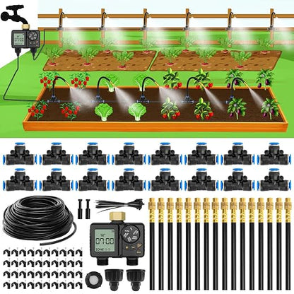 MIXC Drip Irrigation System with Timer,1/4" 100Ft Automatic Garden Watering Kit with 16pcs 360°Adjustable Brass Nozzles & Bendable Rod,for Outdoor Plants,Lawn,Raised Bed,Potted Plant,Yard,Greenhouse