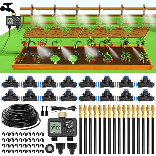 MIXC Drip Irrigation System with Timer,1/4" 100Ft Automatic Garden Watering Kit with 16pcs 360°Adjustable Brass Nozzles & Bendable Rod,for Outdoor Plants,Lawn,Raised Bed,Potted Plant,Yard,Greenhouse