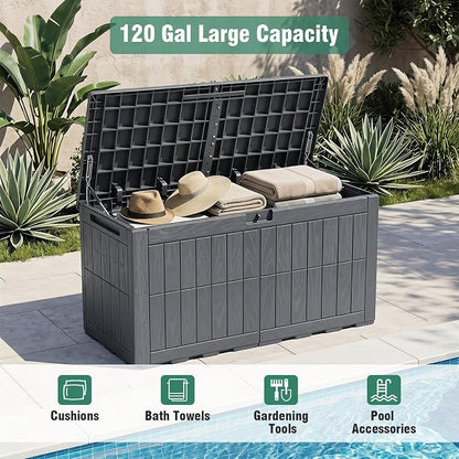 Tangkula 120 Gallon Outdoor Storage Box, Waterproof PP Resin Patio Storage Box with Lockable Lid for Indoor & Outdoor Use, 2-in-1 Rattan Design Deck Box for Cushions, Garden Tools