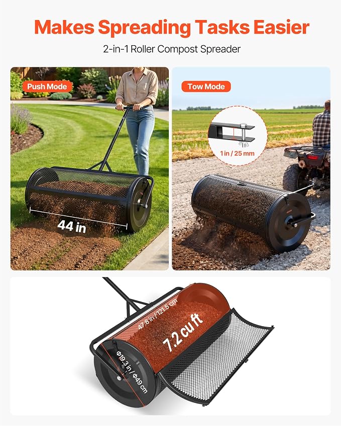 VEVOR Compost Spreader, 44" Wide Peat Moss Spreader with Push/Tow Handle, 4 Heights Adjustable, Powder-Coated Steel Garden Peat Moss Roller, Heavy Duty Grass Seed R