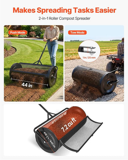 VEVOR Compost Spreader, 44" Wide Peat Moss Spreader with Push/Tow Handle, 4 Heights Adjustable, Powder-Coated Steel Garden Peat Moss Roller, Heavy Duty Grass Seed R