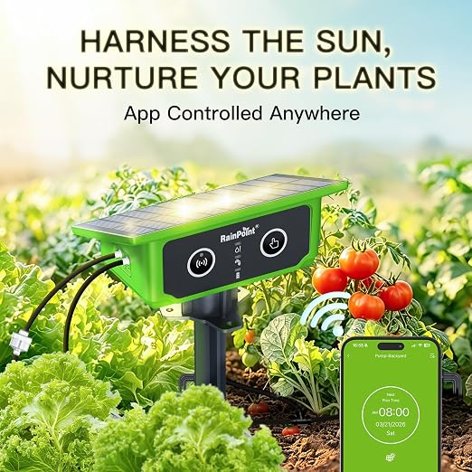 RainPoint WiFi Solar Drip Irrigation System, Smart Automatic Plant Watering Kit with App Control, Solar & USB-C, Tap-Free Watering System for Balcony, Backyard & Container Garden Plants, 10-15 Plants