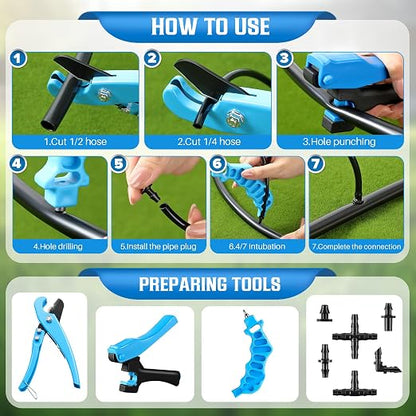 Feekoon Drip Irrigation Hole Punch Tool, 2 in 1 Drip Tubing Punch and Fitting Insertion Tool for 1/4 Inch Emitters, 16 20 25mm PE Pipe, Garden Repair(Blue,345 Irrigation Plugs)