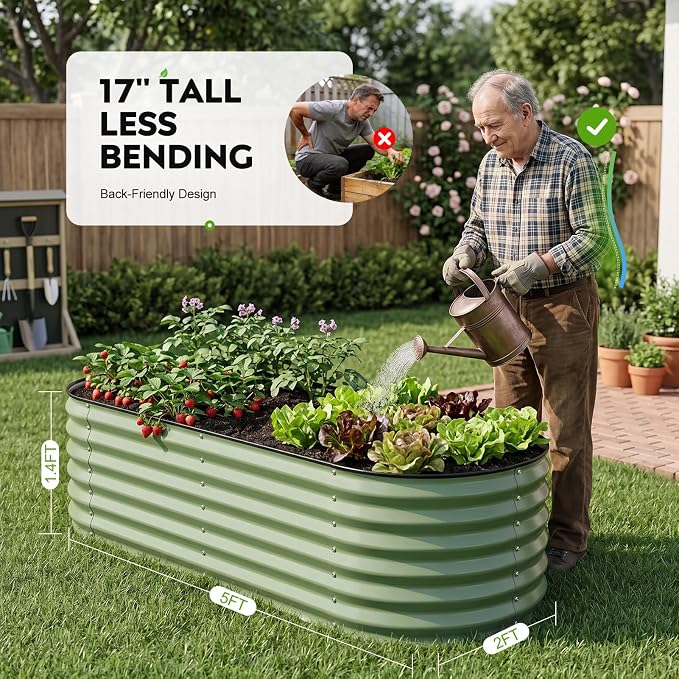 2 Pack Raised Planter Beds for Outdoor Gardening, 17" Tall 4 in 1 5x2ft Galvanized Raised Garden Bed for Deep Root Vegetables Flowers Herbs - Olive Green
