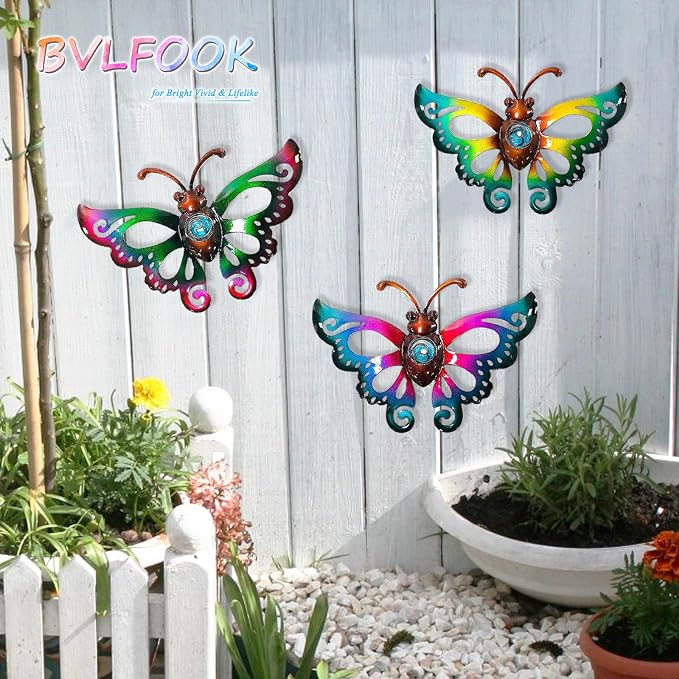 Garden Decor Metal Butterfly Wall decor, Wall Art Hanging for Patio Fence | BVLFOOK; 3D Design; Set of 3, 9 inch; Indoor & Outdoor; Great Gift for Family; garden décor; living room decor