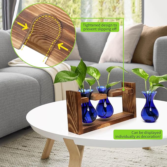 Plant Propagation Station Plant Terrarium Unique Birthday Gifts for Women | Plant Lovers Home Office Decor Planter with Wooden Stand - 3 Bulb Glass Vase