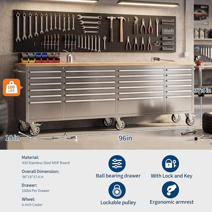 GarveeTech 96-Inch Heavy-Duty Rolling Tool Chest & Mobile Workbench, 24 Drawers, Rubber Wood Tabletop, Key Locking System, Drawer Liners, 6 Wheels, Steel Storage Cabinet for Garage