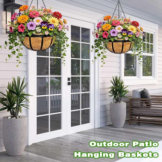 4 Pack 12 Inch Black Metal Hanging Basket Hanging Planter with Coco Coir Liner Heavy Duty Hanging Flower Pot Holder for Indoor Outdoor Patio Garden Porch Balcony Decor (Flat Iron)