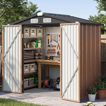 6x4FT Outdoor Storage Shed with Floor Brown | Metal Garden Tool Shed with Sloping Roof & Lockable Door for Patio Lawn Backyard