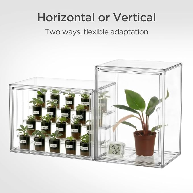 HBlife Mini Greenhouse for Indoor, Clear Stackable Green House with Magnetic Door & Adjustable Drainage Dividers, Tabletop Portable Greenhouse for Small Plants Nursery Germination and Display, 1 Pack