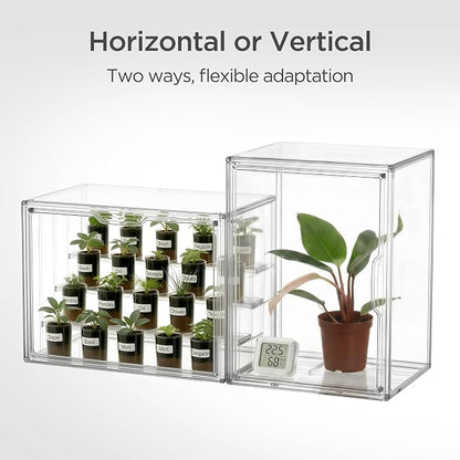 HBlife Mini Greenhouse for Indoor, Clear Stackable Green House with Magnetic Door & Adjustable Drainage Dividers, Tabletop Portable Greenhouse for Small Plants Nursery Germination and Display, 1 Pack