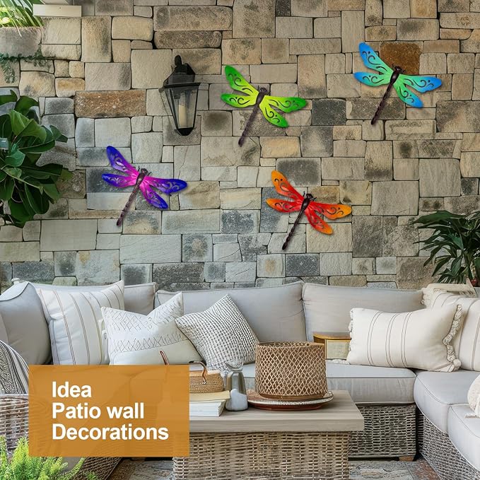 Metal Dragonfly Wall Decor, 4 Pcs Metal Dragonflies Wall Art Hanging Sculptures Decorations for Outdoor Fence Garden Yard Patio Exterior Decor