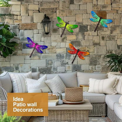 Metal Dragonfly Wall Decor, 4 Pcs Metal Dragonflies Wall Art Hanging Sculptures Decorations for Outdoor Fence Garden Yard Patio Exterior Decor