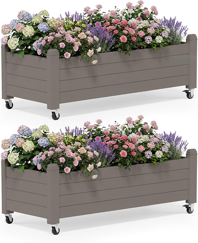 Fancyango Raised Garden Bed with Wheels 13.3" Hx2 -Gray | Resin Elevated Garden Planter Box with Drainage, Outdoor Planter Box for Veggies Herbs Patio Balcony Backyard