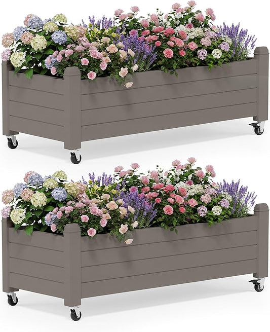 Fancyango Raised Garden Bed with Wheels 13.3" Hx2 -Gray | Resin Elevated Garden Planter Box with Drainage, Outdoor Planter Box for Veggies Herbs Patio Balcony Backyard