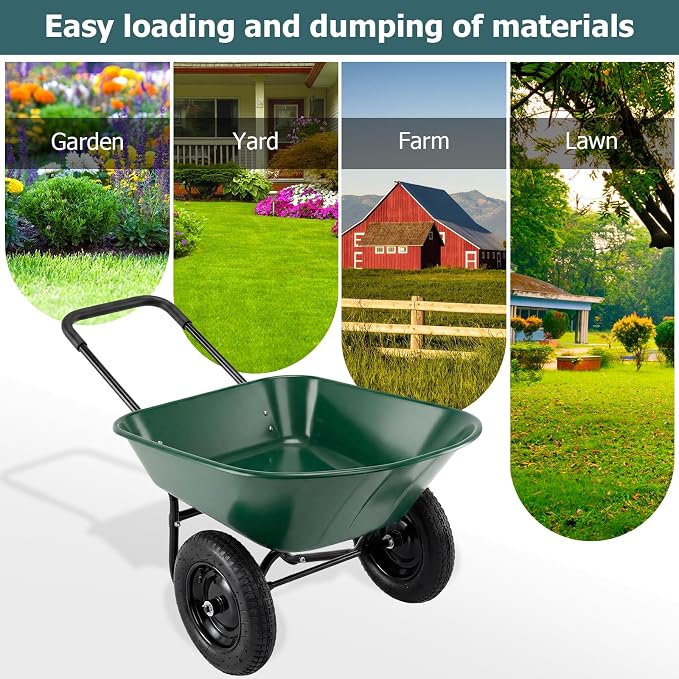 ERGOMASTER Dual-Wheel Wheelbarrow, Home Utility Garden Cart, 330 LBS Capacity, Large Heavy Duty Yard Cart for Gardening & Planting, Lawn, Farm, Construction Site, Green
