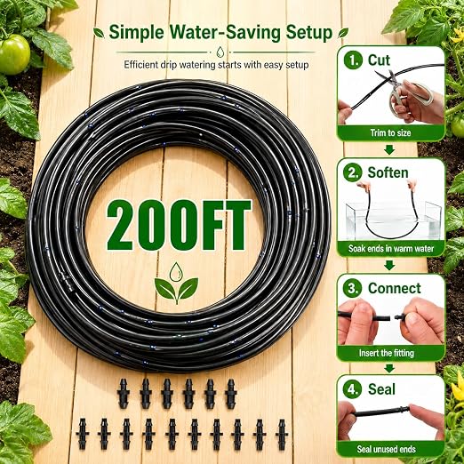 1/4 Drip Irrigation Tubing 200FT, Dripline Tubing with 6 Inch Emitter Spacing, Built-in 0.5 GPH Drippers, 1/4 Irrigation Tubing Drip Line with Fittings and End Plugs for Raised Beds, Garden Rows