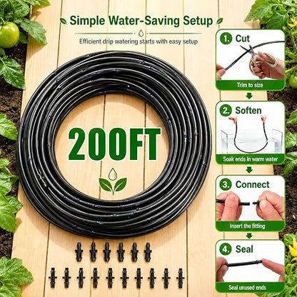 1/4 Drip Irrigation Tubing 200FT, Dripline Tubing with 6 Inch Emitter Spacing, Built-in 0.5 GPH Drippers, 1/4 Irrigation Tubing Drip Line with Fittings and End Plugs for Raised Beds, Garden Rows