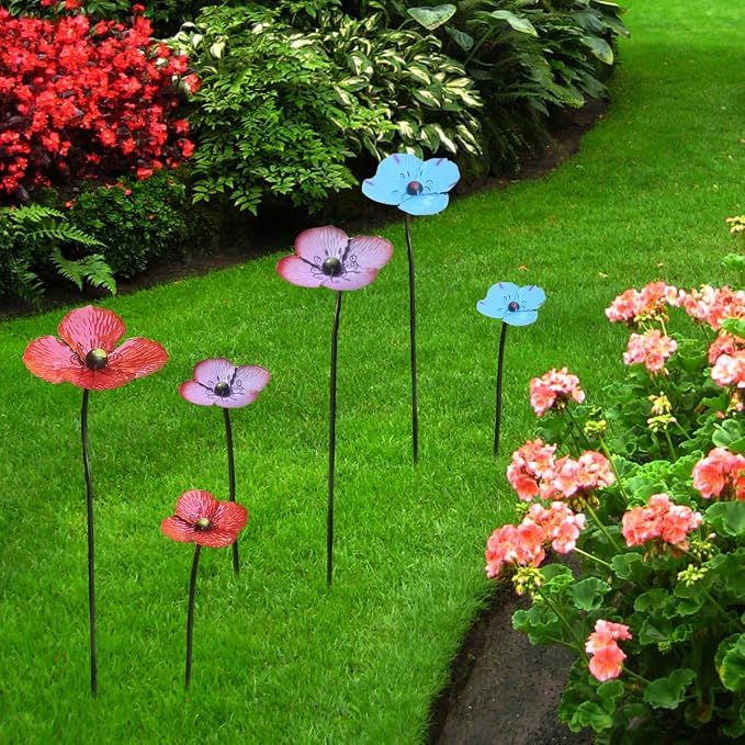 2 Pack Art Deco Metal Poppy Garden Stakes, Iron Flower Decorative Garden Stakes for Outdoor, Flower Theme for Patio, Pathway, Yard and Garden Decor (Red)