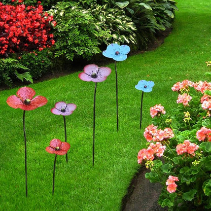 2 Pack Art Deco Metal Poppy Garden Stakes, Iron Flower Decorative Garden Stakes for Outdoor, Flower Theme for Patio, Pathway, Yard and Garden Decor (Red)