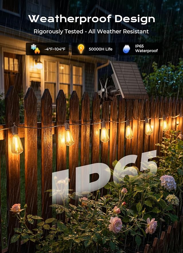 Brightown 100FT Solar String Lights Outdoor Waterproof, Patio Lights with Remote & Timer, USB/Solar Powered Dimmable Outdoor Lights, 31+2 LED Bulbs for Backyard Garden Camping Party