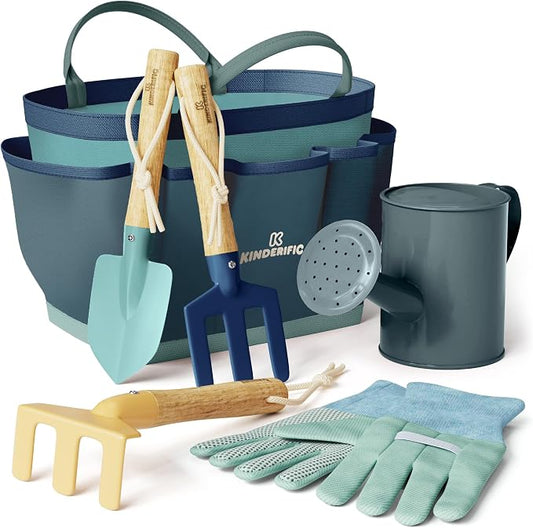 Gardening Set, Tool Kit, for Kids, STEM, Includes Tote Bag, Spade, Watering Can, Rake, Fork, Trowel and Gloves (Ocean Blue)