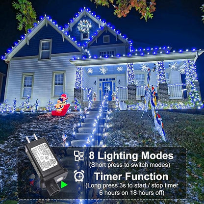 Blue and White Christmas Lights, 66FT 200 LED Plug in Christmas Tree Lights Outdoor Waterproof, 8 Modes Connectable String Lights for Outside Indoor Patio Garden Party Holiday Decorations