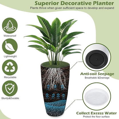 24-21-11 Inch Tall Planters Set of 3, Indoor Outdoor White Round Planter with Drainage Hole and Saucer, Large Decorative Plant Pots for Home Garden Porch (White)