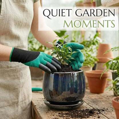10.3 Inch Flower pots for Indoor Outdoor Plants with Saucer Drainage Leak-Proof Mesh, Ceramic Planter with Gardening Gloves for Succulent and Flower(Metallic Black)