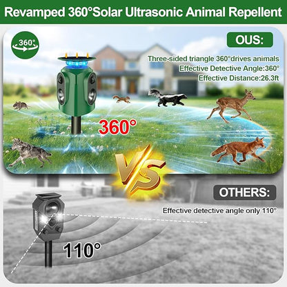 Upgraded Solar Ultrasonic Animal Repellent,360° Cat Repellent Outdoor with Motion Sensor,IP65 Waterproof Dog Repeller with Flash Light to Drive Away Rabbit Deer Squirrel Skunk for Yard Garden Lawn