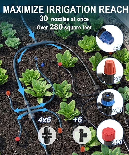 1/2" Drip Irrigation System Kit with 30 Adjustable Nozzles, PE UV-Resistant | Quick-connect, 2X Lifespan of PVC , Leak-Proof for Indoor Pots, 26FT 1/2" Main tube+ 100FT 1/4" Tube, 4 Nozzle Types