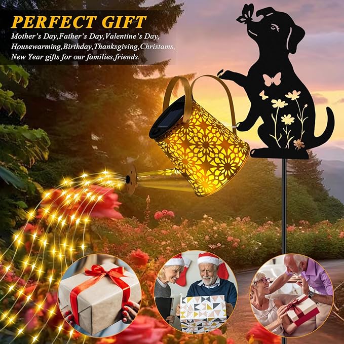 Solar Lights Outdoor Decorative, Watering Can with Cascading Lights, with Dog Silhouette Garden Stakes, Waterproof Metal Garden Decor Mom Christmas Gifts 2 Pack