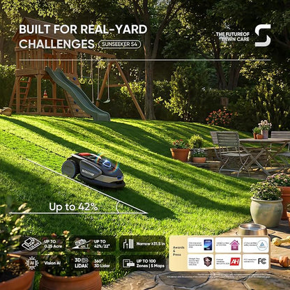 Sunseeker S4 LiDAR Robot Lawn Mower for Up to 0.25 Acre (1000 m²), Vision AI + 360° 3D LiDAR Navigation, Wire-Free Virtual Boundary, Systematic Cutting, 42% Slope, App Control, 60 dB Quiet Mowing