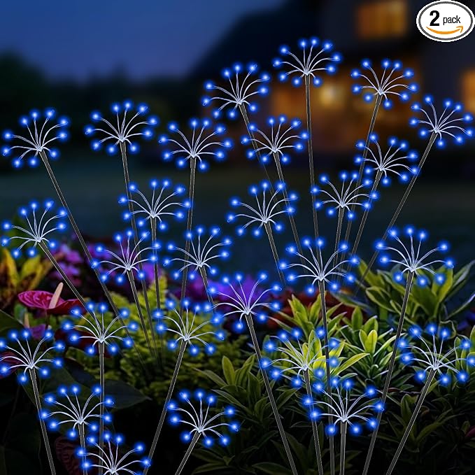Solar Garden Lights Outdoor, 2 Pack New Upgraded Solar Swaying Starburst Light, Waterproof Fireworks Solar Lights, Yard Patio Pathway Decoration, Blue