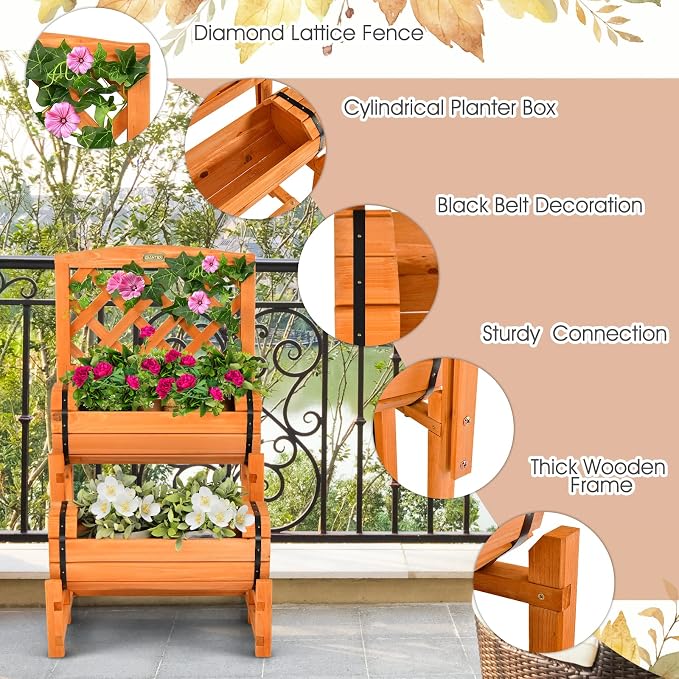 Giantex Raised Garden Bed with 2 Barrel Planters & Trellis, 2-Tier Freestanding Wooden Raised Bed for Vegetable Flower Fruit, Indoor Outdoor Plant Box for Garden Yard Balcony