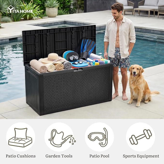 YITAHOME 95 Gallon Outdoor Storage Deck Box | Waterproof Resin Deck Box w/Handles, Lockable Outdside Deck Box for Patio Furniture, Garden Tools, Lockable & UV
