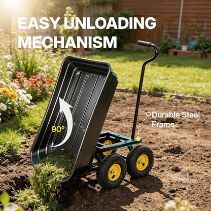 Heavy Duty Garden Dump Cart - 600lbs Load Capacity, 10" All-Terrain Wheels, Quick-Release System, Durable Poly Bed, 180° Rotating Handle, Yard Cart for Landscaping, Farm, and Outdoor Work