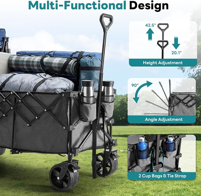 OLIXIS 49" Wagon Cart Collapsible 440lbs Foldable Extra Long Heavy Duty Utility Wagon with Wheels, Portable Storage Grocery Cart for Camping, Shopping, Sports, Beach, Garden, Grey