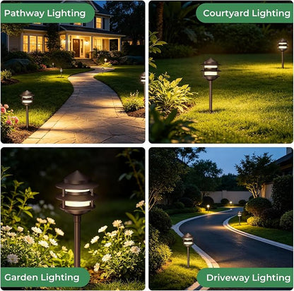 Gardencoin Pagoda Low Voltage Landscape Pathway Lights, 12V Outdoor LED Path Lights Wired, Aluminum Walkway Lighting with 4W 2700K Replaceable G4 Bulb, Bronze Classic 3-Tier Lantern, 12 Pack